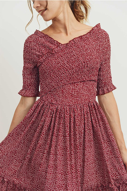 Burgundy Ditsy Floral Flare Smocked Maxi Dress Plus Size