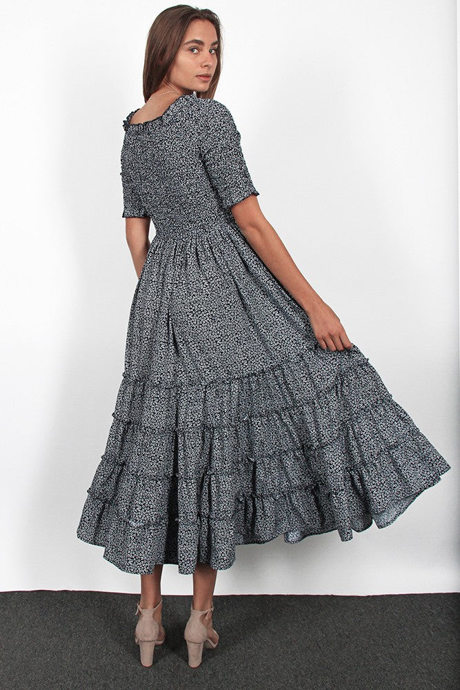 Ditsy Floral Flare Smocked Maxi Dress Plus Size