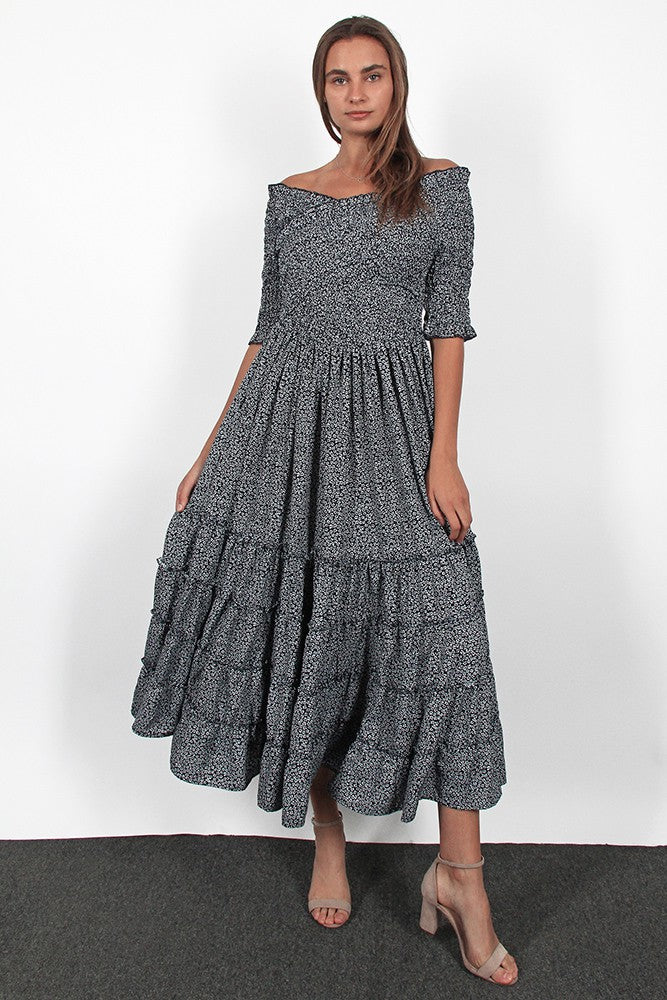 Ditsy Floral Flare Smocked Maxi Dress Plus Size