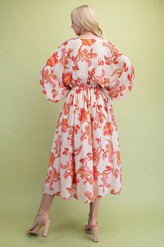 Floral Print Lined Midi Coral Dress
