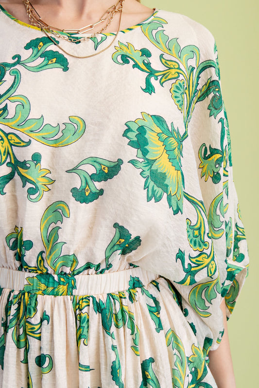 Floral Print Lined Midi Green Dress