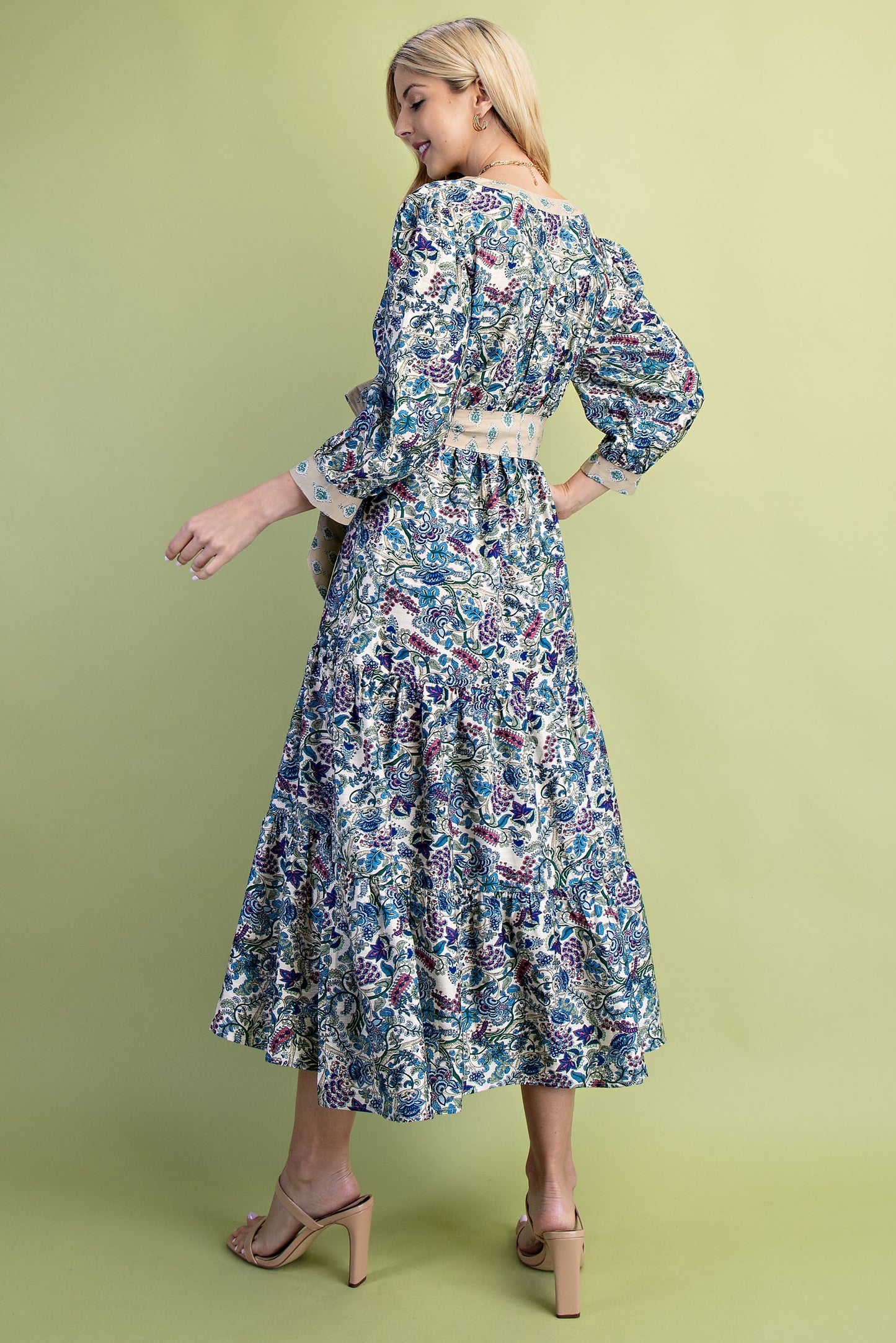Floral Print Tiered Half Button Midi Dress