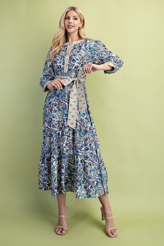 Floral Print Tiered Half Button Midi Dress