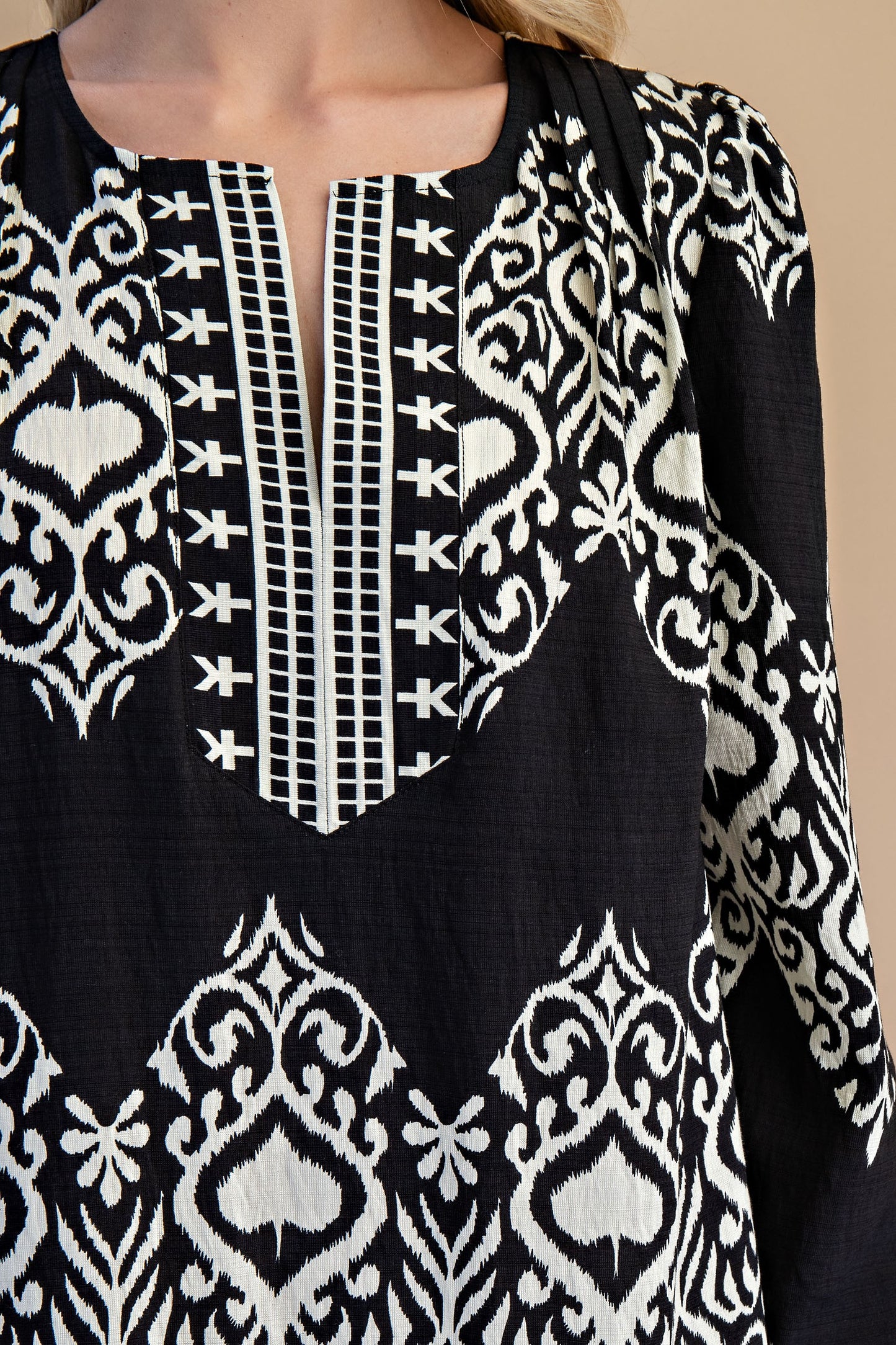 Printed Split Neck Black Mix Midi Dress