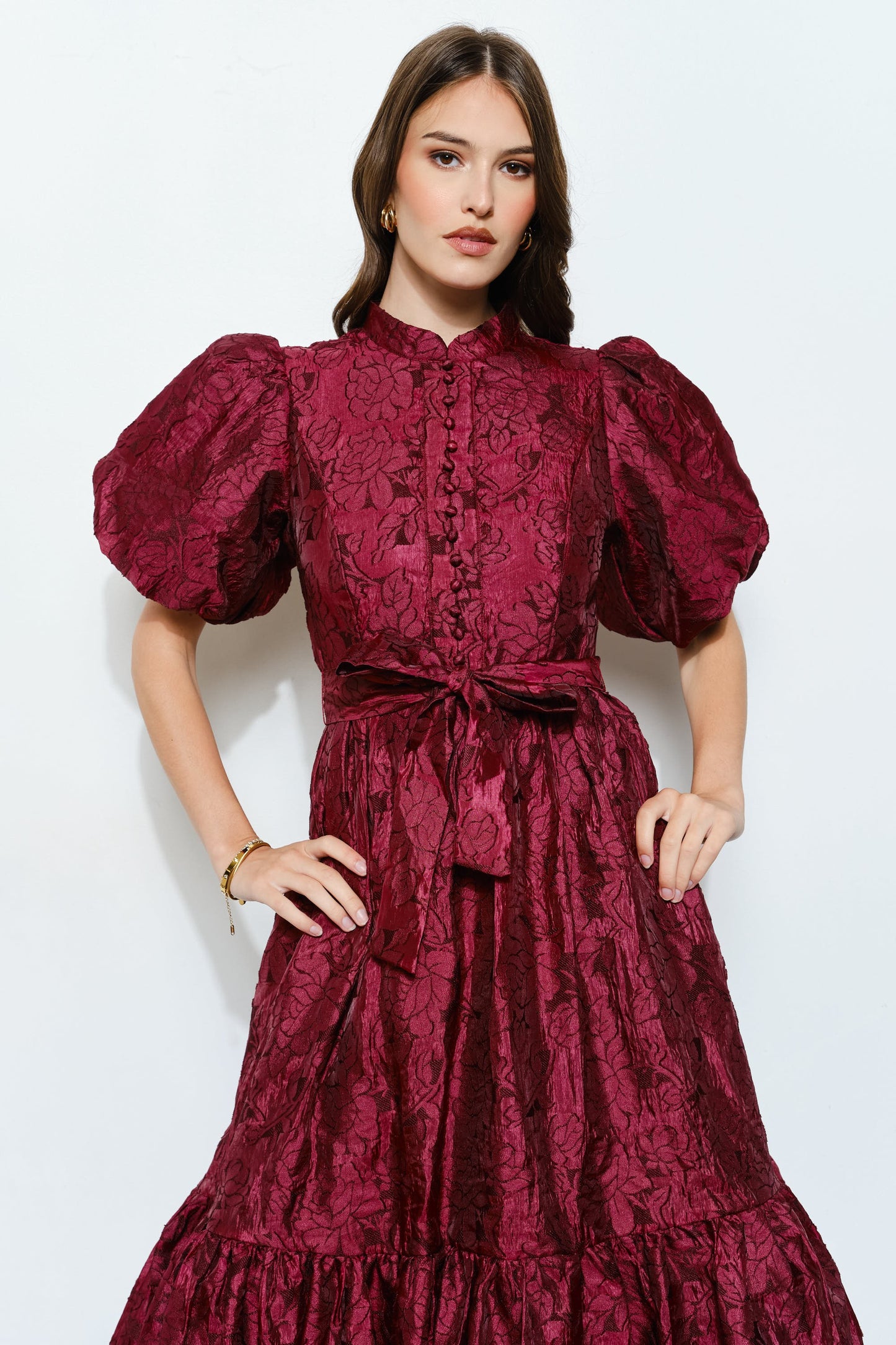 Floral Textured Puff Sleeve Midi Dress