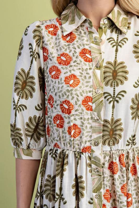 Mixed Print Shirt Green Dress