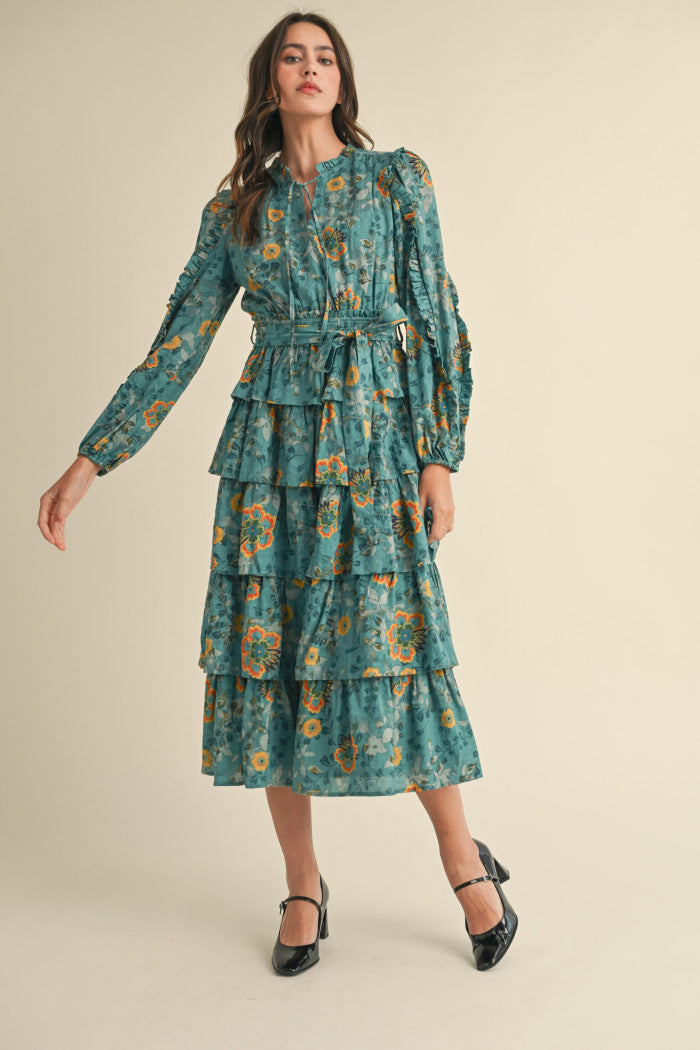 Tiered Ruffle Sleeve Midi Dress