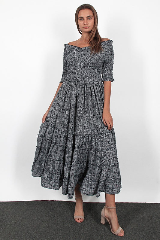 Navy Blue Ditsy Floral Flare Smocked Maxi Dress Plus Size