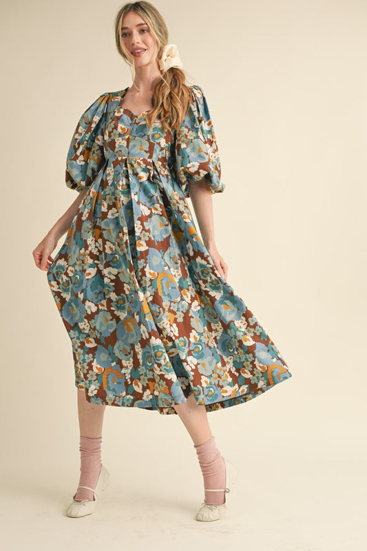 Bubble Sleeve Scalloped Midi Dress