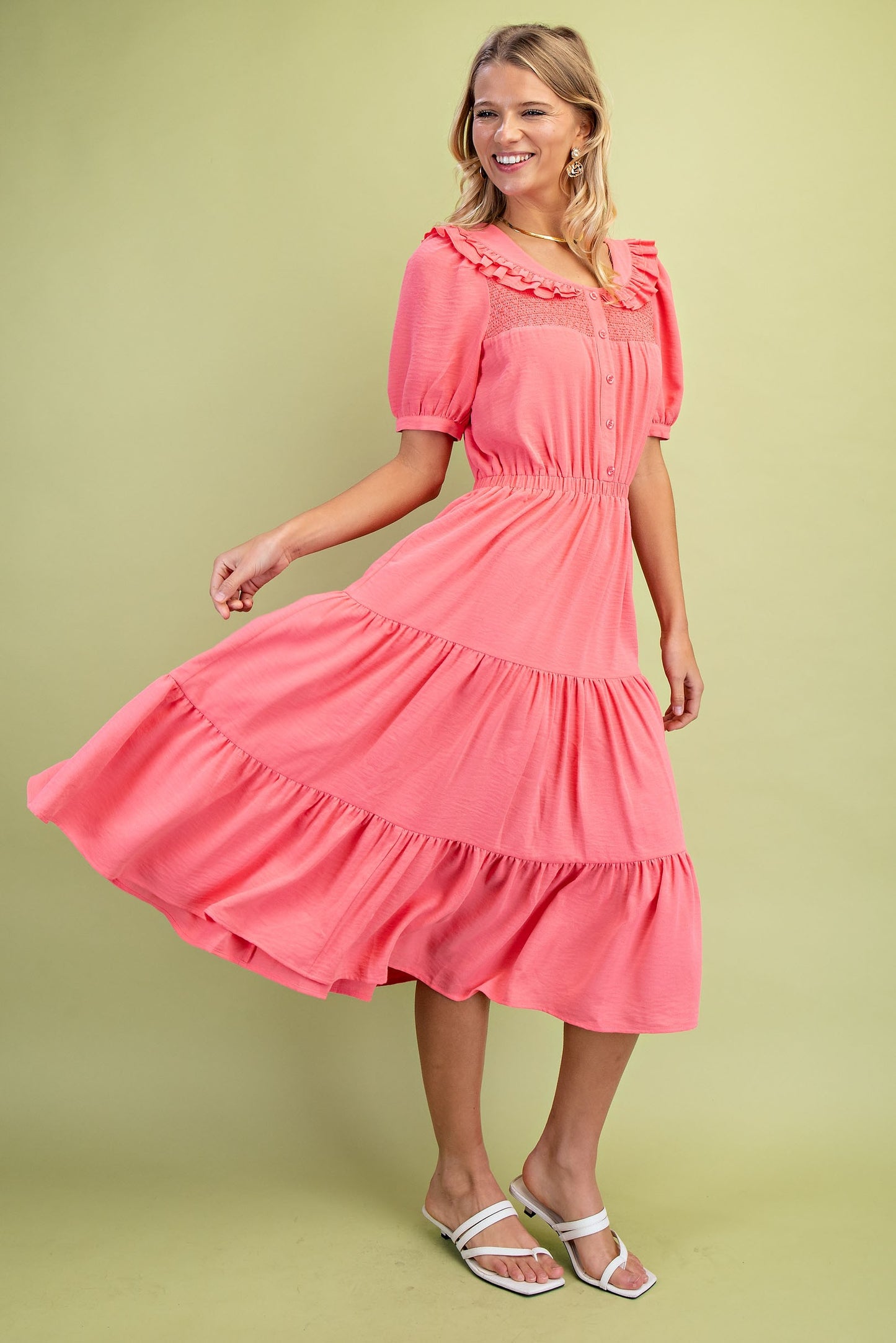 Peter Pan Collar Sugar Coral Midi Dress