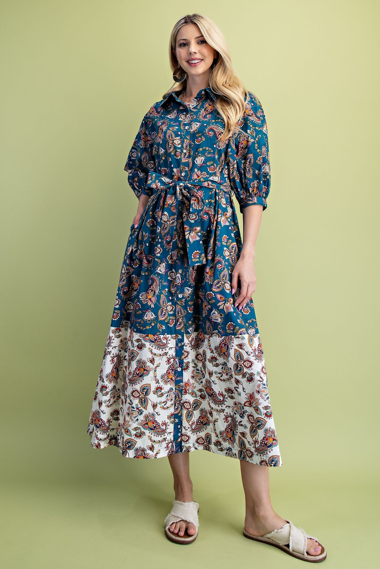 Paisley Print Color Block Shirt Dress