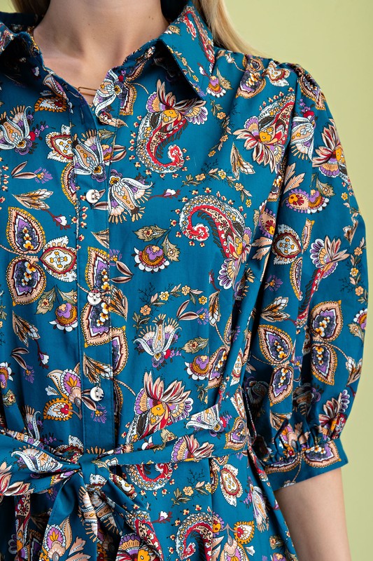 Paisley Print Color Block Shirt Dress