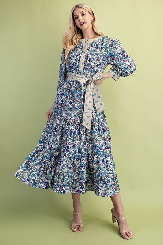 Floral Print Tiered Half Button Midi Dress