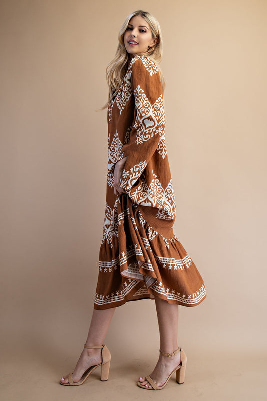 Printed Split Neck Camel Midi Dress