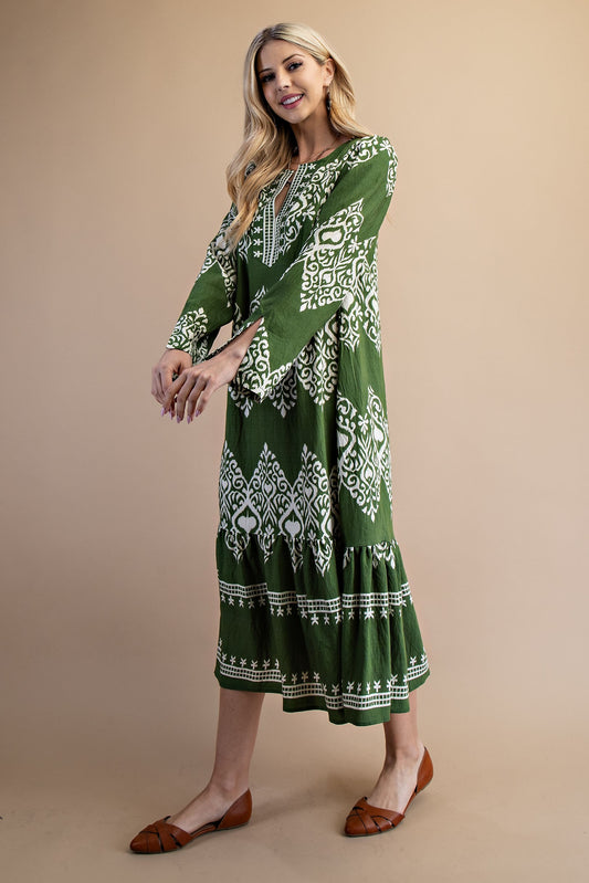 Printed Split Neck Olive Mix Midi Dress