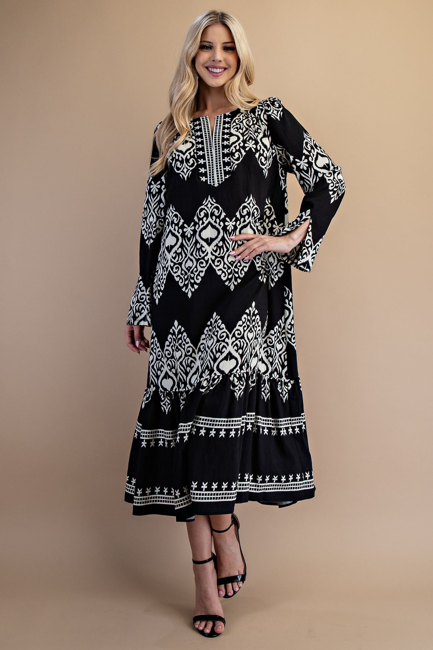 Printed Split Neck Black Mix Midi Dress