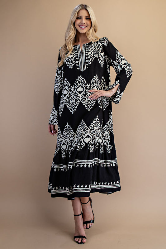 Printed Split Neck Black Mix Midi Dress