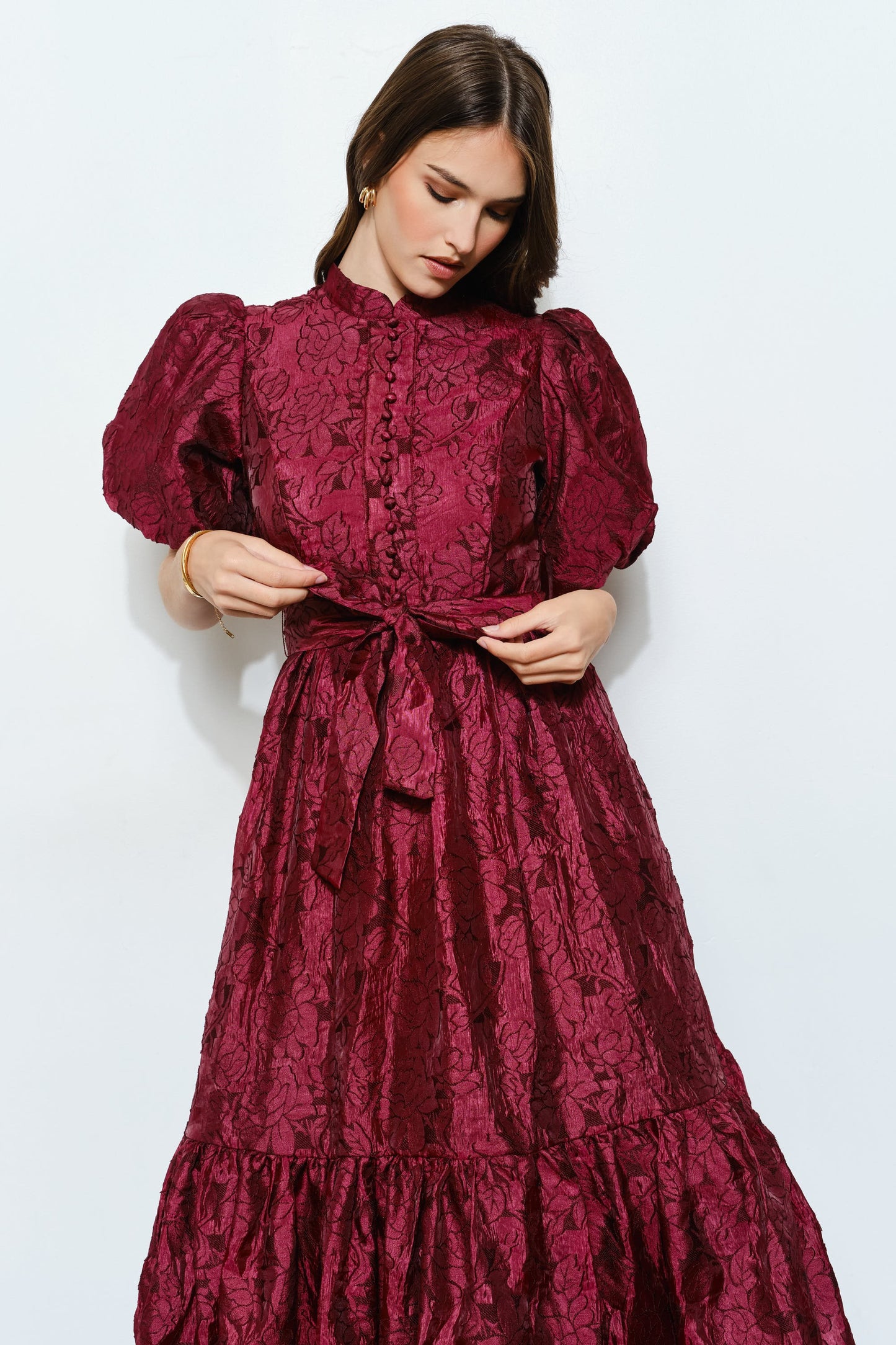Floral Textured Puff Sleeve Midi Dress