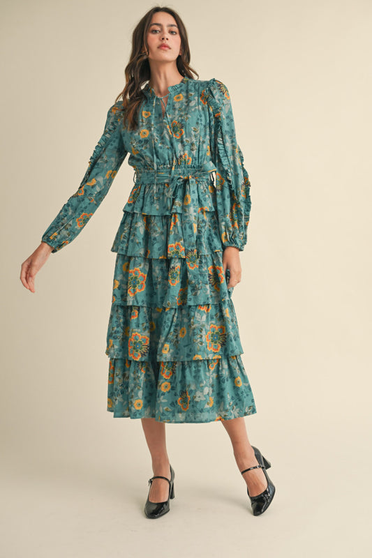 Tiered Ruffle Sleeve Midi Dress