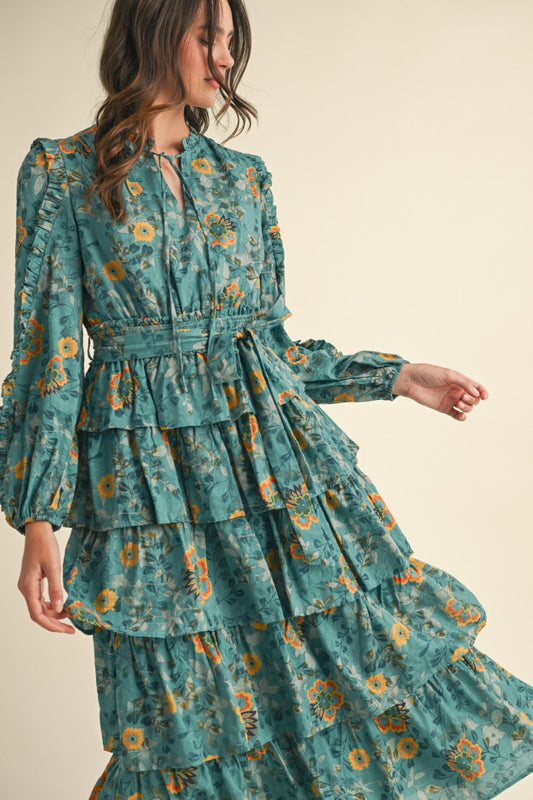 Tiered Ruffle Sleeve Midi Dress
